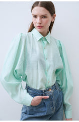 Linen Shirt with Structured Puff Sleeves and Classic Collar