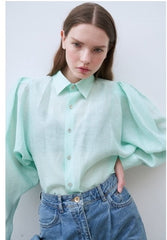 Linen Shirt with Structured Puff Sleeves and Classic Collar
