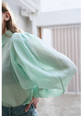 Linen Shirt with Structured Puff Sleeves and Classic Collar