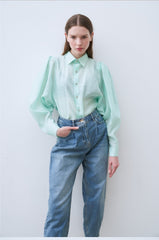 Linen Shirt with Structured Puff Sleeves and Classic Collar