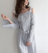 Cotton Poplin Dress with Cold Shoulder Design and Waist Belt Detail