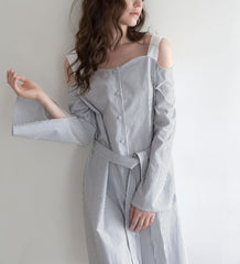 Cotton Poplin Dress with Cold Shoulder Design and Waist Belt Detail