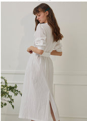 Belted Midi Shirt Dress with Button Front and Soft Puff Sleeves