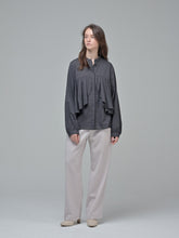 Elegant Long-Sleeve Cotton Poplin Blouse With Draped Front Ruffle And Relaxed Tailored Silhouette
