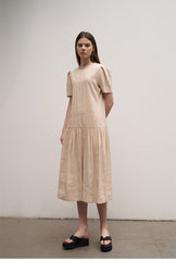 Women's Linen Drop Waist Midi Dress – Short Sleeve Gathered Skirt Dress with Round Neckline