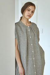 Relaxed Button-Front Linen Dress for Women With Cap Sleeves and Minimalist Midi Silhouette