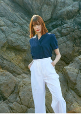 Tailored Linen Shirt For Women - Short Sleeve Linen Blouse With Button Front and Structured Collar