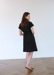 Belted Short-Sleeve Midi Dress in Lightweight Linen Fabric