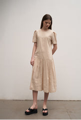 Women's Linen Drop Waist Midi Dress – Short Sleeve Gathered Skirt Dress with Round Neckline