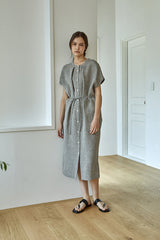 Relaxed Button-Front Linen Dress for Women With Cap Sleeves and Minimalist Midi Silhouette