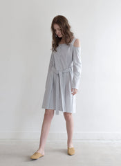 Cotton Poplin Dress with Cold Shoulder Design and Waist Belt Detail