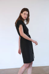 Belted Short-Sleeve Midi Dress in Lightweight Linen Fabric