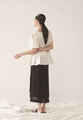 Elegant Linen Peplum Blouse with Puff Sleeves and Structured Silhouette for Women