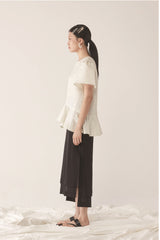 Elegant Linen Peplum Blouse with Puff Sleeves and Structured Silhouette for Women