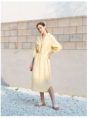 Linen Shirt Dress with Belted Waist, 3/4 Sleeves and Asymmetric Hem for Everyday Chic Style