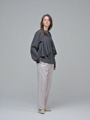 Elegant Long-Sleeve Cotton Poplin Blouse With Draped Front Ruffle And Relaxed Tailored Silhouette