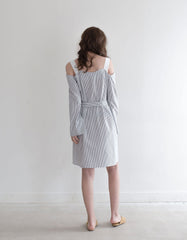 Cotton Poplin Dress with Cold Shoulder Design and Waist Belt Detail