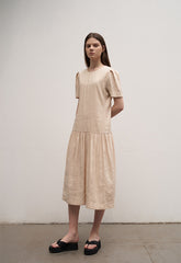 Women's Linen Drop Waist Midi Dress – Short Sleeve Gathered Skirt Dress with Round Neckline