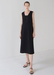 Sleeveless Linen Midi Dress with Square Neckline and Button Detail for Timeless Elegance