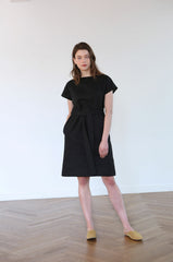 Belted Short-Sleeve Midi Dress in Lightweight Linen Fabric