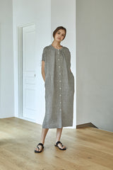 Relaxed Button-Front Linen Dress for Women With Cap Sleeves and Minimalist Midi Silhouette