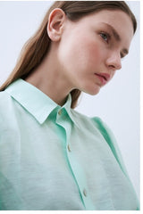 Linen Shirt with Structured Puff Sleeves and Classic Collar