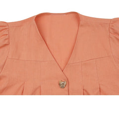 Pleated Linen Blouse with Puff Sleeves and Button Front for Everyday Feminine Comfort