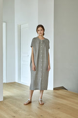 Relaxed Button-Front Linen Dress for Women With Cap Sleeves and Minimalist Midi Silhouette