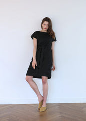 Belted Short-Sleeve Midi Dress in Lightweight Linen Fabric