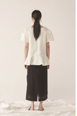 Elegant Linen Peplum Blouse with Puff Sleeves and Structured Silhouette for Women