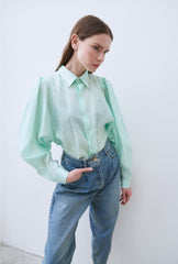 Linen Shirt with Structured Puff Sleeves and Classic Collar