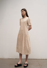 Women's Linen Drop Waist Midi Dress – Short Sleeve Gathered Skirt Dress with Round Neckline