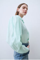 Linen Shirt with Structured Puff Sleeves and Classic Collar