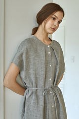 Relaxed Button-Front Linen Dress for Women With Cap Sleeves and Minimalist Midi Silhouette