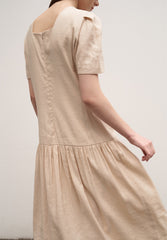 Women's Linen Drop Waist Midi Dress – Short Sleeve Gathered Skirt Dress with Round Neckline