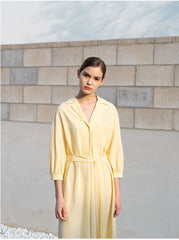 Linen Shirt Dress with Belted Waist, 3/4 Sleeves and Asymmetric Hem for Everyday Chic Style