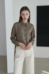 Cropped Linen Blazer for Women with Long Sleeves and Dual Front Pockets – Lightweight and Chic