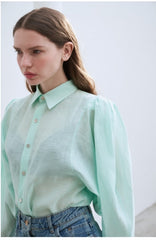 Linen Shirt with Structured Puff Sleeves and Classic Collar