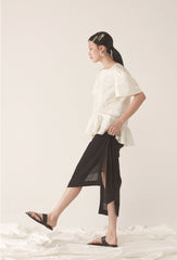Elegant Linen Peplum Blouse with Puff Sleeves and Structured Silhouette for Women
