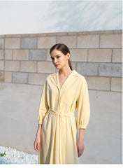 Linen Shirt Dress with Belted Waist, 3/4 Sleeves and Asymmetric Hem for Everyday Chic Style
