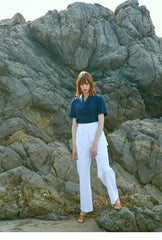 Tailored Linen Shirt For Women - Short Sleeve Linen Blouse With Button Front and Structured Collar