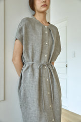 Relaxed Button-Front Linen Dress for Women With Cap Sleeves and Minimalist Midi Silhouette