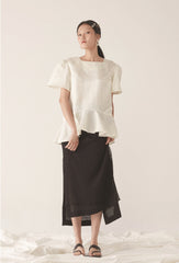 Elegant Linen Peplum Blouse with Puff Sleeves and Structured Silhouette for Women