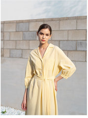 Linen Shirt Dress with Belted Waist, 3/4 Sleeves and Asymmetric Hem for Everyday Chic Style