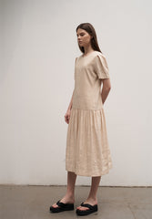 Women's Linen Drop Waist Midi Dress – Short Sleeve Gathered Skirt Dress with Round Neckline