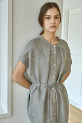 Relaxed Button-Front Linen Dress for Women With Cap Sleeves and Minimalist Midi Silhouette