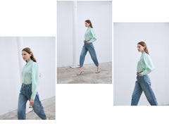 Linen Shirt with Structured Puff Sleeves and Classic Collar