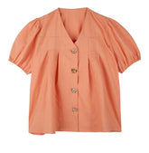Pleated Linen Blouse with Puff Sleeves and Button Front for Everyday Feminine Comfort