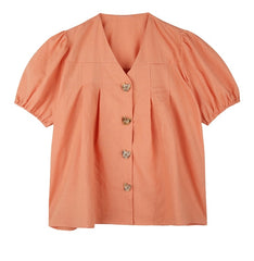 Pleated Linen Blouse with Puff Sleeves and Button Front for Everyday Feminine Comfort
