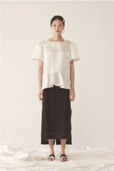 Elegant Linen Peplum Blouse with Puff Sleeves and Structured Silhouette for Women
